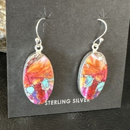 Navajo Blue Turquoise Red Spiny Oyster Inlay Dangle Earrings | Sterling Silver | Authentic Native American Handmade | 15562 - Masha USA