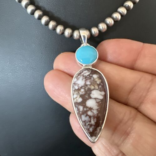 Navajo Wild Horse Blue Kingman Turquoise Necklace | Sterling Silver | SW Pendant | 17319