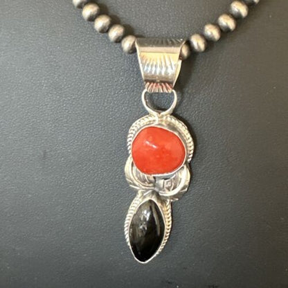 Navajo White Buffalo Coral Onyx Pearls Cluster Pendant | Sterling Silver | Native American Handmade | 15448