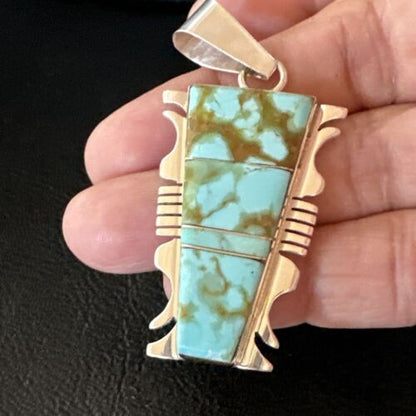 Navajo Blue #8 Turquoise Inlay Pendant | Sterling Silver | 2" | Authentic Native American Handmade | 15683