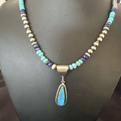 Navajo Opal Inlay Pendant with Turquoise & Lapis | Sterling Silver Necklace | Authentic Native American Handmade | 16848