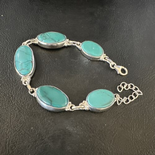 Navajo Blue Turquoise Link Bracelet | Sterling Silver | 8" | Authentic Native American Handmade | 15474