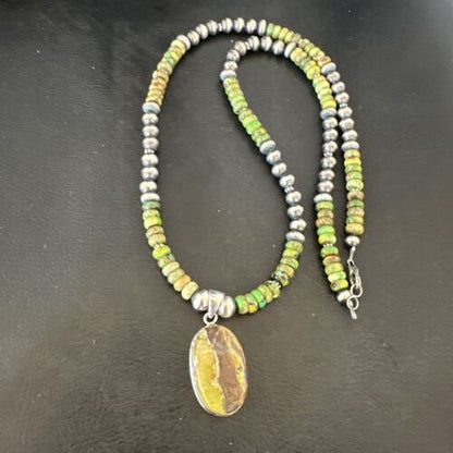 Navajo Green Turquoise Pendant Necklace | Sterling Silver | Authentic Native American Handmade | 16920
