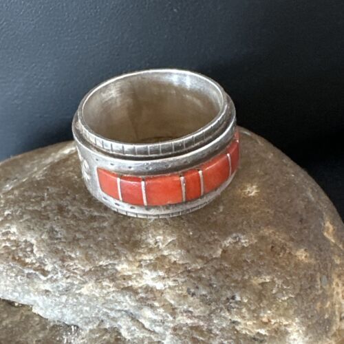 Navajo Coral Inlay Ring | Sterling Silver | Sz 11 | Authentic Native American Handmade | 15912