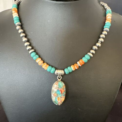 Navajo Spiny Turquoise Pendant Necklace | Sterling Silver | 22" | Authentic Native American Handmade | 17429