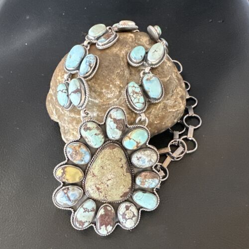 Navajo Blue Golden Hills Turquoise Lariat Necklace Pendant | Sterling Silver | Native American Handmade | 16182