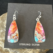 Navajo Red Spiny Oyster Turquoise Inlay Dangle Earrings | Sterling Silver | Authentic Native American Handmade | 15559