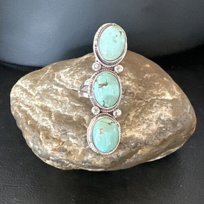 Navajo Blue Dry Creek Turquoise 3-Stone Ring | Authentic Native American Sterling Silver | Multi-Stone | Sz 11 | 16734