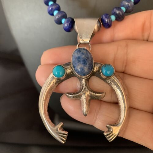 Navajo Blue Denim Lapis Turquoise Naja Pendant Necklace | Sterling Silver | Native American Handmade | 13701