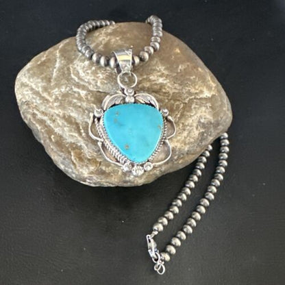 Navajo Kingman Turquoise Pendant Necklace | Sterling Silver Pearls | Authentic Native American Handmade | 15215