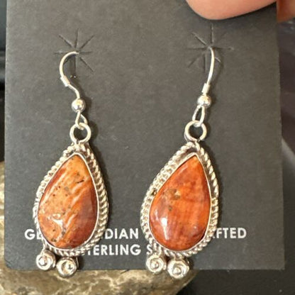 Navajo Orange Spiny Oyster Dangle Earrings | Sterling Silver | Authentic Native American Handmade | 17267