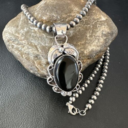 Navajo Pearls Black Onyx Necklace Pendant | Sterling Silver | Authentic Native American Handmade | 16524