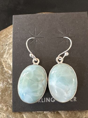 Navajo Blue Larimar Dangle Earrings | Sterling Silver | Authentic Native American Handmade | 17297
