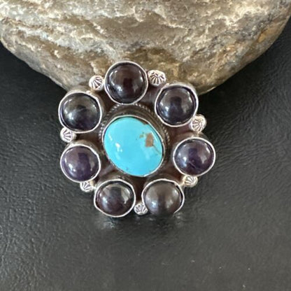 Navajo Blue Kingman Turquoise and Sugilite Cluster Ring | Authentic Native American Sterling Silver | Multi-Stone | Sz 7 | 16773