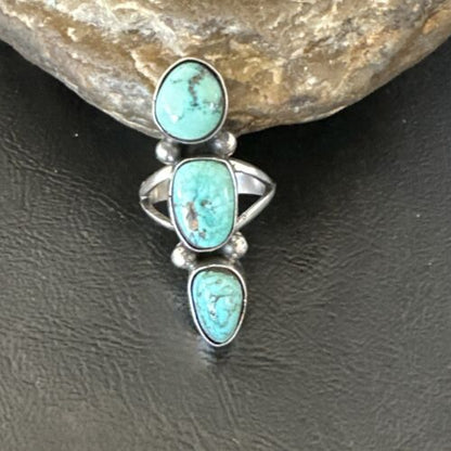 Navajo Blue Turquoise Multi-Stone Cluster Ring | Authentic Native American Sterling Silver | Sz 7.5 | 17842