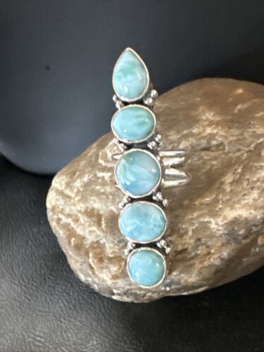 Navajo Blue Larimar Cluster Ring | Authentic Native American Sterling Silver | Multi-Stone | Sz 8.5 | 16153