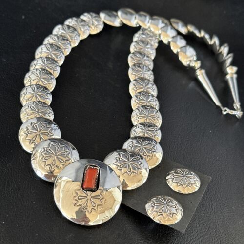 Navajo Red Coral Graduated Necklace | Sterling Silver Pillow Stamped | 18" | Authentic Native American Handmade | 15129