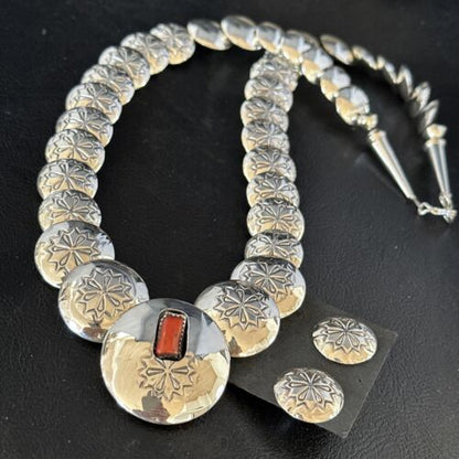 Navajo Red Coral Graduated Necklace | Sterling Silver Pillow Stamped | 18" | Authentic Native American Handmade | 15129