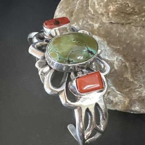 Royston Turquoise Coral Cuff Bracelet | Navajo Tufa Cast | Sterling Silver | Authentic Native American Handmade | 16778