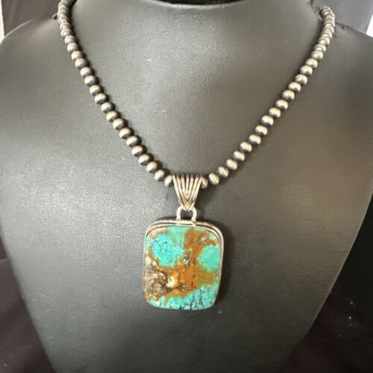 Navajo Blue Spiderweb Turquoise Pendant | Sterling Silver Necklace with Pearls | Authentic Native American Handmade | 15569