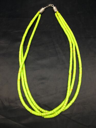 Heishi Bead Necklace Stabilized Gaspeite | 3-Strand | Sterling Silver | Native American Handmade | 2599