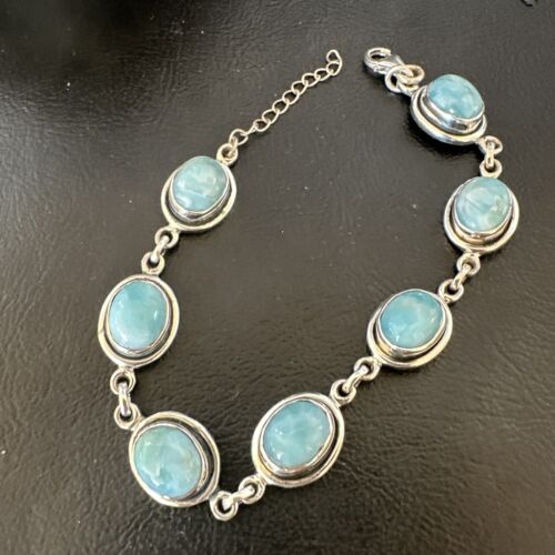 Navajo Blue Larimar Bracelet | Sterling Silver Link | 8" | Authentic Native American Handmade | 16076