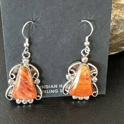 Navajo Orange Spiny Oyster Dangle Earrings | Sterling Silver | Authentic Native American Handmade | 17269