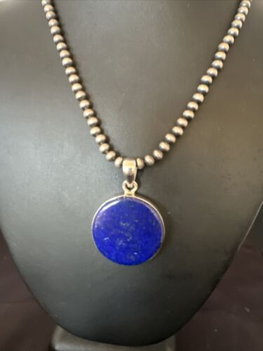 Navajo Blue Lapis Pendant with Pearls | Sterling Silver Necklace | 20" | Authentic Native American Handmade | 16659