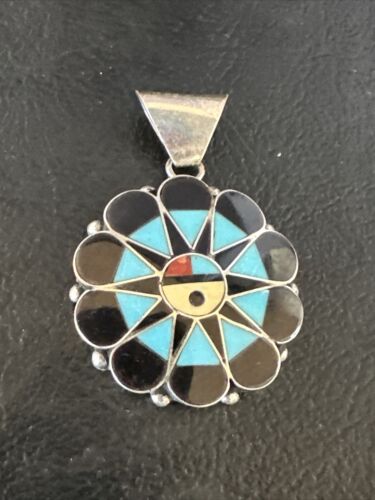 Zuni Sun Face Pendant | Turquoise, Mother of Pearl, Onyx Inlay | Sterling Silver | Native American Handmade | 15180