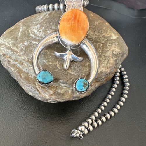 Navajo Blue Turquoise Orange Spiny Oyster Naja Pendant | Sterling Silver | Native American Handmade | 16410
