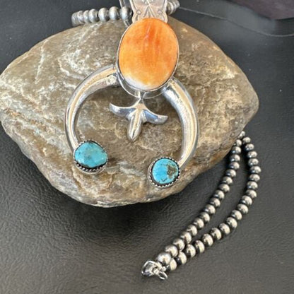 Navajo Blue Turquoise Orange Spiny Oyster Naja Pendant | Sterling Silver | Native American Handmade | 16410