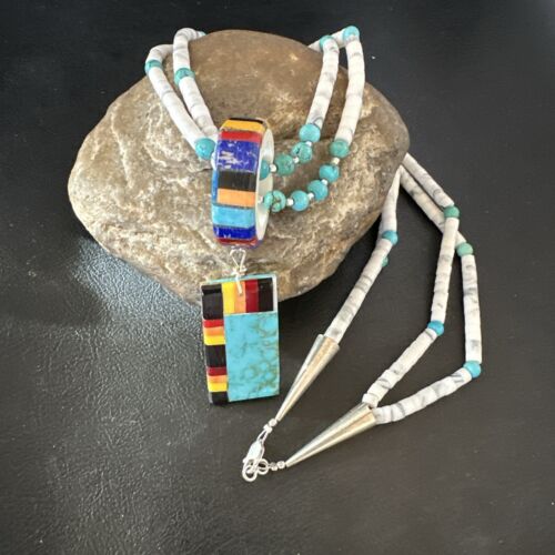 Santo Domingo Multi-Color Turquoise Necklace with Inlay Pendant | Sterling Silver | 24" | 16857