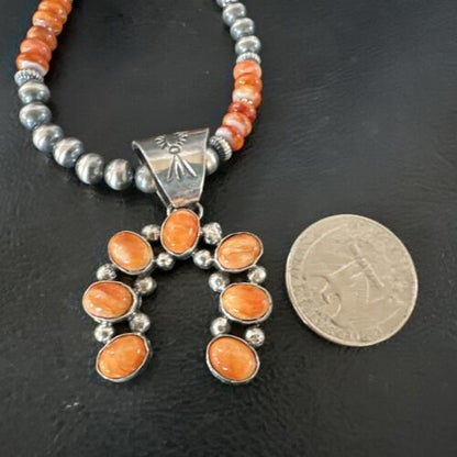 Navajo Pearls Orange Spiny Oyster Naja Pendant | Sterling Silver Necklace | Authentic Native American Handmade | 16804