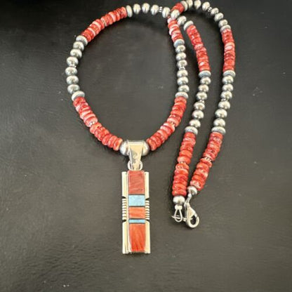 Red Spiny Oyster Opal Inlay Pendant Necklace | Navajo Sterling Silver | 16886