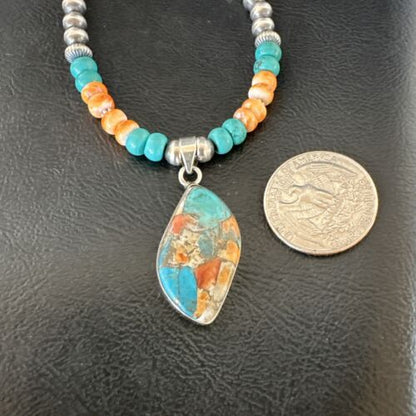 Navajo Spiny Turquoise Pendant Necklace | Sterling Silver | 21" | Authentic Native American Handmade | 17517