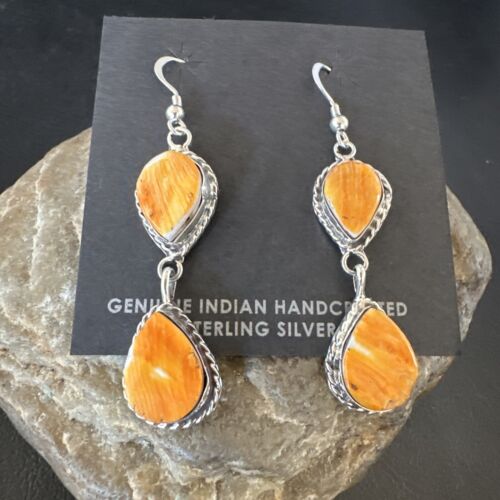 Navajo Orange Spiny Oyster Dangle Earrings | Sterling Silver | 1.5" | Authentic Native American Handmade | 16563