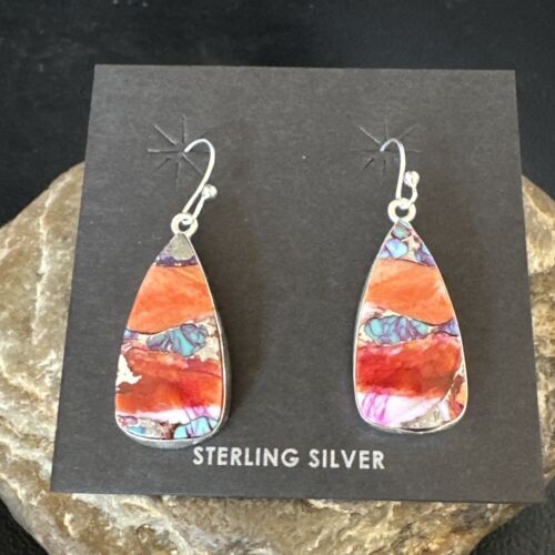 Navajo Blue Turquoise Red Spiny Oyster Inlay Dangle Earrings | Sterling Silver | 15560