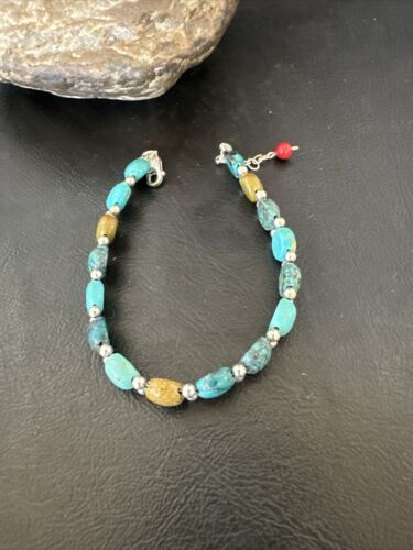 Women's Blue Turquoise Bead Bracelet | Southwestern Sterling Silver Link | 8" | 17236