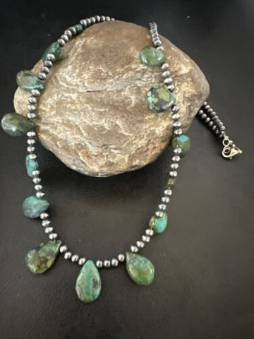 Navajo Pearls Sterling Silver Green Teardrop Turquoise Necklace 22” 16957