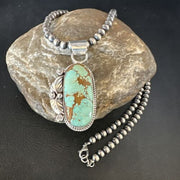 Navajo Blue #8 Turquoise Pendant Necklace | Sterling Silver Pearls | Authentic Native American Handmade | 15509