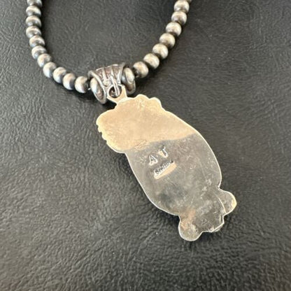 Navajo White Buffalo Turquoise Pendant Necklace | Sterling Silver | Authentic Native American Handmade | 17514