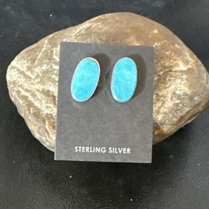 Navajo Blue Kingman Turquoise Post Stud Earrings | Sterling Silver | Authentic Native American Handmade | 17411