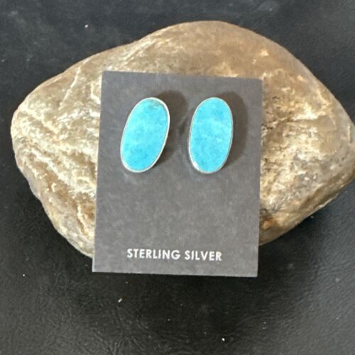 Navajo Blue Kingman Turquoise Post Stud Earrings | Sterling Silver | Authentic Native American Handmade | 17411