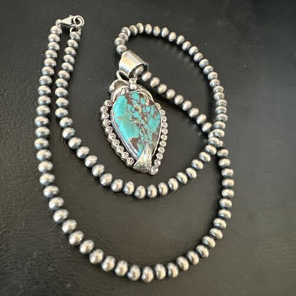 Navajo Blue Turquoise Pendant Necklace | Sterling Silver Pearls | Authentic Native American Handmade | 15642