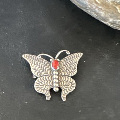 Navajo Butterfly Red Coral Pin Pendant | Sterling Silver | 1.25" | Authentic Native American Handmade | 15526