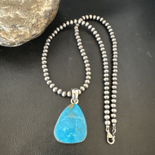 Navajo Blue Kingman Turquoise Pendant Necklace | Sterling Silver | 20" | Authentic Native American Handmade | 16671