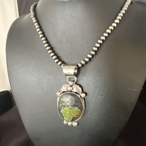 Navajo Green Turquoise Pendant Necklace | Sterling Silver | Authentic Native American Handmade | 15039