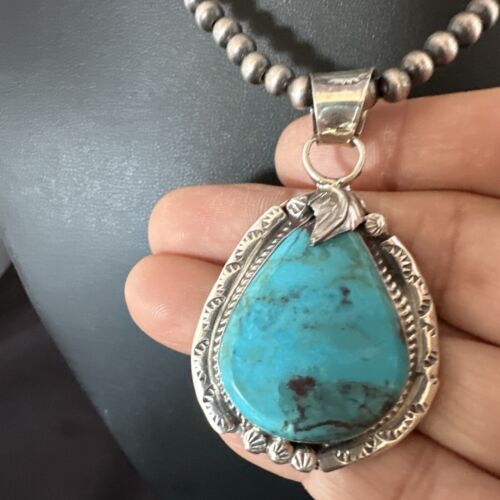 Men's Blue Kingman Turquoise Pendant Necklace | Navajo Pearls | Sterling Silver | 16021