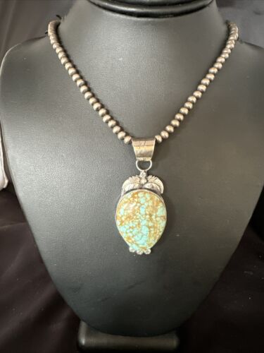 Navajo Pearls Sterling Silver Necklace Pendant | Blue Turquoise #8 | Authentic Native American Handmade | 14856