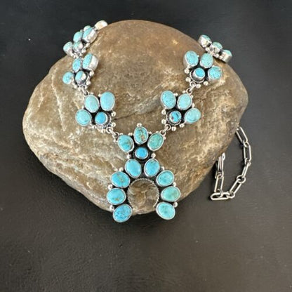 Navajo Blue Kingman Turquoise Squash Blossom Necklace | Sterling Silver | Authentic Native American Handmade | 16829